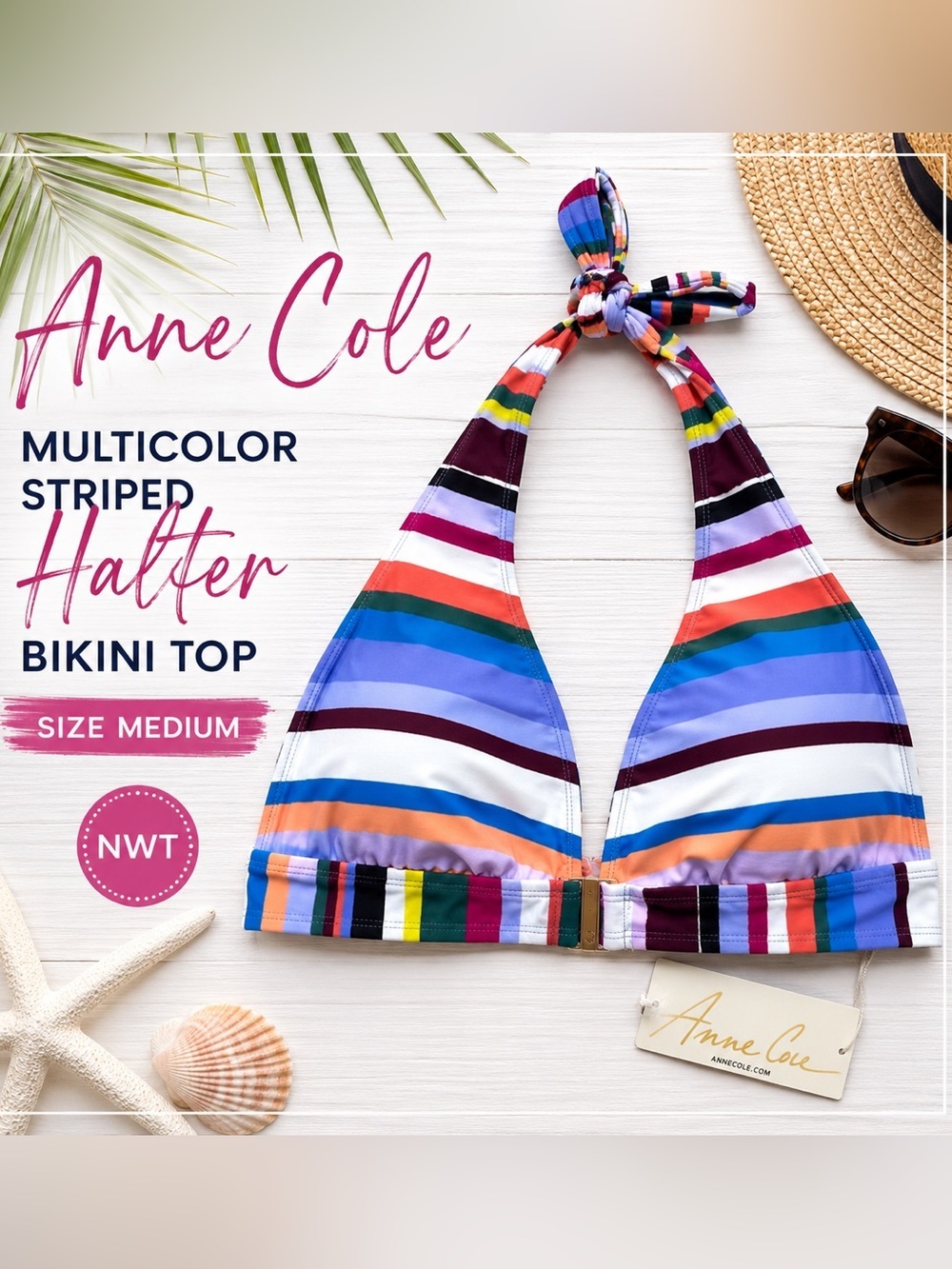 Anne Cole Multicolor Striped Halter Bikini Top - Medium